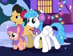 Size: 337x260 | Tagged: safe, screencap, character:cherry cola, character:white lightning, species:earth pony, species:pegasus, species:pony, episode:best gift ever, g4, my little pony: friendship is magic, background pony, christmas, christmas lights, cropped, earmuffs, female, filly, foal, folded wings, holiday, male, mare, shipping fuel, snow, stallion, strawberry swing, trio, wings
