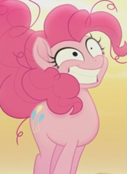 Size: 377x518 | Tagged: safe, screencap, character:pinkie pie, my little pony: the movie (2017), bone dry desert, cropped, desert, desert sun madness, insanity, messy mane, smiling, solo