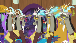 Size: 1280x720 | Tagged: safe, screencap, character:discord, character:post haste, species:draconequus, episode:discordant harmony, g4, my little pony: friendship is magic, clones, discord crew, discord's house, doorway, flying napkin, glasses, multeity, the discord zone