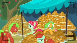 Size: 1440x806 | Tagged: safe, screencap, character:apple cinnamon, character:apple dumpling, character:apple leaves, character:candy apples, species:earth pony, species:pony, episode:apple family reunion, g4, my little pony: friendship is magic, apple family member, apple fritter (food), background pony, exhausted, female, food, male, mare, stallion
