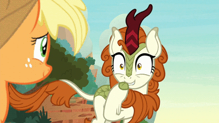 Size: 448x252 | Tagged: safe, screencap, character:applejack, character:autumn blaze, species:kirin, episode:sounds of silence, g4, my little pony: friendship is magic, animated, awwtumn blaze, cliff, close-up, cloud, cute, flowing mane, forest, gif, grin, mountain, peaks of peril, sky, smiling, stare, talking, tree, valley, wind