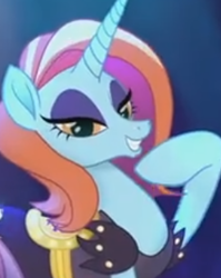 Size: 248x312 | Tagged: safe, screencap, character:sassy saddles, species:pony, species:unicorn, my little pony: the movie (2017), beautiful, clothing, cropped, female, mare, smiling, solo