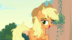 Size: 1280x720 | Tagged: safe, screencap, character:applejack, species:earth pony, species:pony, episode:sounds of silence, g4, my little pony: friendship is magic, female, mare, messy mane, plot, solo, vine