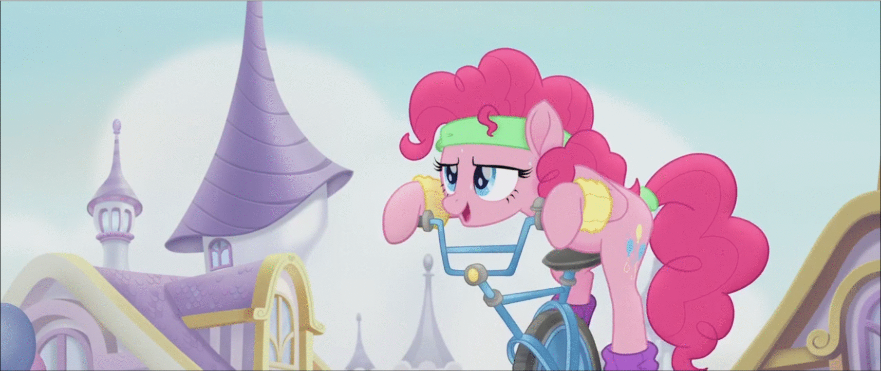 Size: 1809x762 | Tagged: safe, screencap, character:pinkie pie, my little pony: the movie (2017), animated, bicycle, gif, leg warmers, slideshow, solo, sweat, sweatband, twirl, we got this together, wristband
