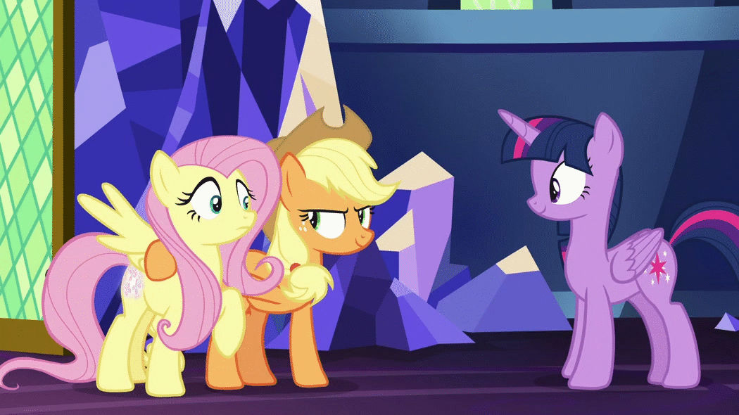 Size: 1050x590 | Tagged: safe, screencap, character:applejack, character:fluttershy, character:twilight sparkle, character:twilight sparkle (alicorn), species:alicorn, species:earth pony, species:pegasus, species:pony, episode:sounds of silence, g4, my little pony: friendship is magic, animated, cutie mark, female, glowing cutie mark, laughing, mare, nervous laugh, out of context, smiling