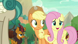 Size: 1280x720 | Tagged: safe, screencap, character:applejack, character:cinder glow, character:fluttershy, character:pumpkin smoke, character:rain shine, character:summer flare, species:earth pony, species:kirin, species:pegasus, species:pony, episode:sounds of silence, g4, my little pony: friendship is magic, background kirin, female, male, mare, raised hoof