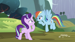 Size: 1334x750 | Tagged: safe, screencap, character:rainbow dash, character:starlight glimmer, species:pegasus, species:pony, species:unicorn, episode:no second prances, g4, my little pony: friendship is magic, discovery family logo, duo, female, flying, lidded eyes, looking at each other, mare, nervous, nervous grin, sheepish grin, spread wings, unimpressed, wings