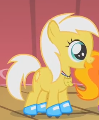 Size: 196x237 | Tagged: safe, screencap, species:earth pony, species:pony, episode:the show stoppers, g4, my little pony: friendship is magic, cropped, female, filly, medal, peachy pie, roller skates, solo focus, sunny daze