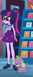 Size: 283x659 | Tagged: safe, screencap, character:spike, character:spike (dog), character:twilight sparkle, character:twilight sparkle (scitwi), species:dog, species:eqg human, episode:a fine line, g4, my little pony:equestria girls, clothing, cropped, eyes closed, female, geode of telekinesis, glasses, male, ponytail, shoes, skirt, smiling, socks