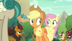 Size: 1920x1080 | Tagged: safe, screencap, character:applejack, character:cinder glow, character:fluttershy, character:pumpkin smoke, character:rain shine, character:summer flare, species:earth pony, species:kirin, species:pegasus, species:pony, episode:sounds of silence, g4, my little pony: friendship is magic, background kirin, female, male, mare