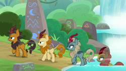Size: 1280x720 | Tagged: safe, screencap, character:autumn afternoon, character:maple brown, character:pumpkin smoke, character:sparkling brook, species:kirin, episode:sounds of silence, g4, my little pony: friendship is magic, background kirin, emotionless, female, male, stream of silence
