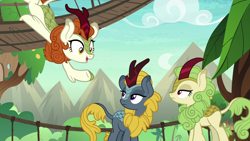 Size: 1280x720 | Tagged: safe, screencap, character:autumn blaze, character:spring glow, character:winter flame, species:kirin, episode:sounds of silence, g4, my little pony: friendship is magic, background kirin, hanging, happy, kirin village, unamused