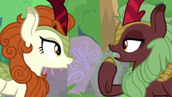 Size: 1280x720 | Tagged: safe, screencap, character:autumn blaze, character:cinder glow, character:summer flare, species:kirin, episode:sounds of silence, g4, my little pony: friendship is magic, background kirin, charades, cloven hooves, duo, female, open mouth