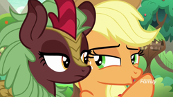 Size: 1920x1080 | Tagged: safe, screencap, character:applejack, character:cinder glow, character:summer flare, species:kirin, species:pony, episode:sounds of silence, g4, my little pony: friendship is magic, discovery family logo, duo, female, mare
