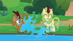 Size: 1280x720 | Tagged: safe, screencap, character:fern flare, character:spring glow, species:kirin, episode:sounds of silence, g4, my little pony: friendship is magic, background kirin, cloven hooves, duo, eyes closed, female, splash, water