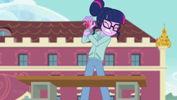 Size: 1280x720 | Tagged: safe, screencap, character:twilight sparkle, character:twilight sparkle (scitwi), species:eqg human, episode:stressed in show, g4, my little pony:equestria girls, bruised, eyes closed, female, glasses, ouch, solo, stressed in show: rainbow dash