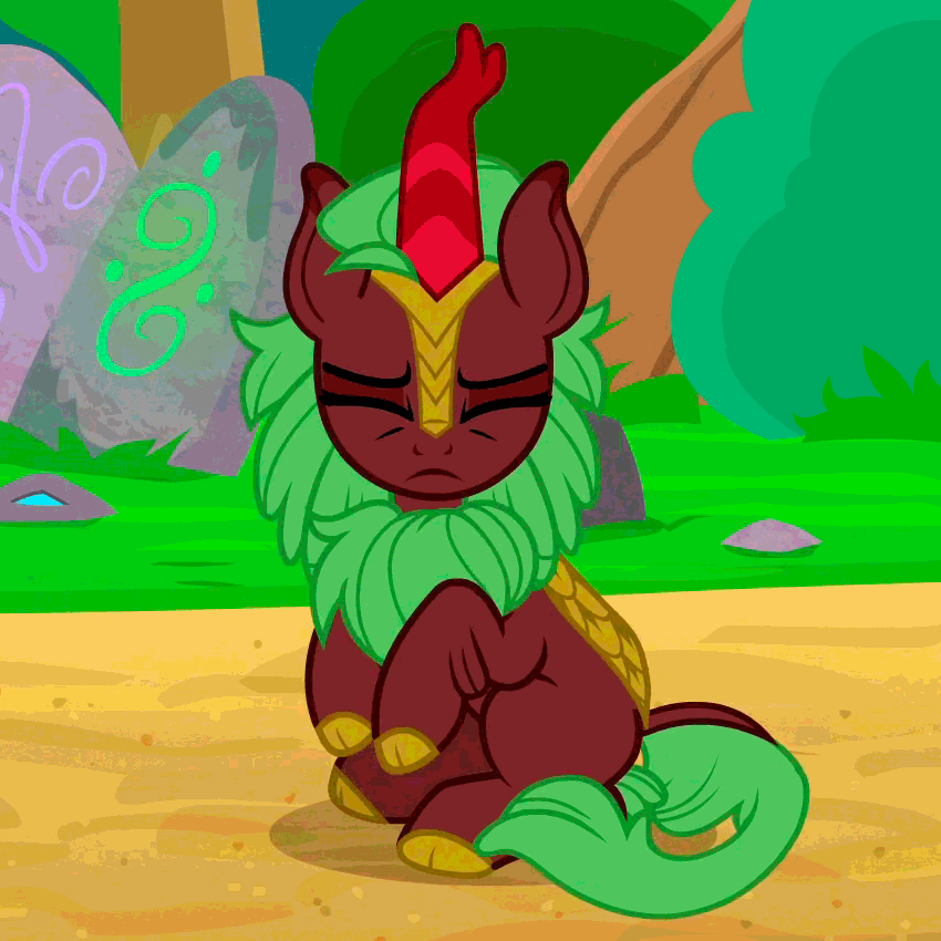 Size: 850x850 | Tagged: safe, screencap, character:cinder glow, character:summer flare, species:kirin, episode:sounds of silence, g4, my little pony: friendship is magic, animated, background kirin, cinderbetes, cloven hooves, cropped, cute, female, floppy ears, gif, head shake, loop, solo