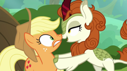 Size: 1920x1080 | Tagged: safe, screencap, character:applejack, character:autumn blaze, species:earth pony, species:kirin, species:pony, episode:sounds of silence, g4, my little pony: friendship is magic, bipedal, bipedal leaning, boop, clothing, cloven hooves, cowboy hat, duo, female, frown, gritted teeth, hat, leaning, leg fluff, lidded eyes, mare, nose wrinkle, noseboop, open mouth, out of context, smiling, wide eyes