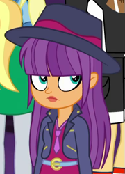 Size: 385x534 | Tagged: safe, screencap, character:ginger owlseye, equestria girls:rollercoaster of friendship, g4, my little pony:equestria girls, background human, clothing, cropped, cute, fedora, female, hat, jacket, necktie, owlabetes, solo focus