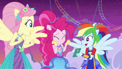 Size: 1920x1080 | Tagged: safe, screencap, character:fluttershy, character:pinkie pie, character:rainbow dash, equestria girls:rollercoaster of friendship, g4, my little pony:equestria girls, ponied up, sleeveless, super ponied up