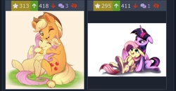Size: 750x389 | Tagged: safe, artist:evehly, artist:sion-ara, character:applejack, character:fluttershy, character:twilight sparkle, character:twilight sparkle (alicorn), species:alicorn, species:earth pony, species:pegasus, species:pony, derpibooru, ship:appleshy, ship:twishy, clothing, cute, eyes closed, female, floppy ears, freckles, hat, hug, jackabetes, juxtaposition, lesbian, mare, meta, one eye closed, open mouth, shipping, shyabetes, simple background, smiling, tongue out, underhoof, winghug