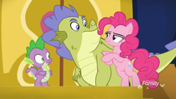 Size: 1920x1080 | Tagged: safe, screencap, character:pinkie pie, character:sludge, character:spike, species:dragon, species:earth pony, species:pony, episode:father knows beast, g4, my little pony: friendship is magic, bipedal, bipedal leaning, discovery family logo, female, leaning, male, mare, narrowed eyes, trio, winged spike