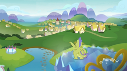 Size: 1920x1080 | Tagged: safe, screencap, character:sludge, character:spike, species:dragon, episode:father knows beast, g4, my little pony: friendship is magic, balcony, discovery family logo, duo, male, mountain, ponyville, ponyville town hall, scenery, school of friendship, sky, twilight's castle, winged spike, wings