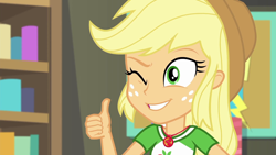 Size: 1920x1080 | Tagged: safe, screencap, character:applejack, equestria girls:rollercoaster of friendship, g4, my little pony:equestria girls, one eye closed, solo, thumbs up, wink