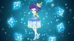 Size: 1280x720 | Tagged: safe, screencap, character:rarity, episode:the other side, g4, my little pony:equestria girls, carousel dress, clothing, diamond, dress, female, hands on hip, high heels, legs, lidded eyes, looking at you, open-toed shoes, sandals, shoes, smiling, solo