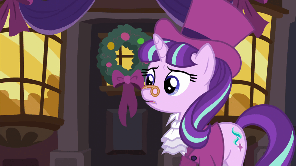 Size: 960x540 | Tagged: safe, screencap, character:pinkie pie, character:snowfall frost, character:starlight glimmer, species:earth pony, species:pony, species:unicorn, episode:a hearth's warming tail, g4, my little pony: friendship is magic, animated, clothing, cute, diapinkes, duo, female, gif, hat, mare, open mouth, raised hoof, smiling, spirit of hearth's warming presents, top hat, wreath