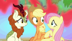 Size: 1280x720 | Tagged: safe, screencap, character:applejack, character:autumn blaze, character:fluttershy, species:earth pony, species:kirin, species:pegasus, species:pony, episode:sounds of silence, g4, my little pony: friendship is magic, animated, clothing, cloven hooves, cowboy hat, female, fern, fire, forest, hat, magic, mountain, ring of fire, rock, sitting, sound, stone, stream of silence, tree, vine, webm