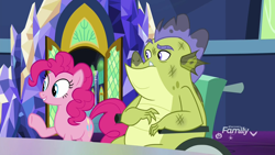 Size: 1920x1080 | Tagged: safe, screencap, character:pinkie pie, character:sludge, species:dragon, species:earth pony, species:pony, episode:father knows beast, g4, my little pony: friendship is magic, bruised, dirty, duo, female, male, mare, wheelchair