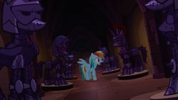 Size: 1440x810 | Tagged: safe, screencap, character:rainbow dash, species:pegasus, species:pony, episode:castle mane-ia, g4, my little pony: friendship is magic, armor, castle of the royal pony sisters, female, hallway, mare, raised hoof, solo
