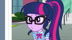 Size: 1280x720 | Tagged: safe, screencap, character:twilight sparkle, character:twilight sparkle (scitwi), species:eqg human, episode:text support, g4, my little pony:equestria girls, adorkable, confused, cute, dork, faec, female, geode of telekinesis, glasses, ponytail, solo, text support: rarity, twiabetes