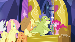 Size: 1920x1080 | Tagged: safe, screencap, character:applejack, character:fluttershy, character:pinkie pie, character:rarity, character:sludge, character:spike, species:dragon, species:earth pony, species:pegasus, species:pony, species:unicorn, episode:father knows beast, g4, my little pony: friendship is magic, female, male, mare, twilight's castle, winged spike
