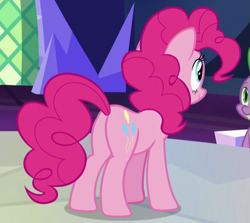 Size: 521x465 | Tagged: safe, screencap, character:pinkie pie, character:spike, species:earth pony, species:pony, episode:father knows beast, g4, my little pony: friendship is magic, cropped, cutie mark, female, plot