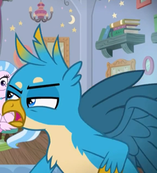 Size: 572x630 | Tagged: safe, screencap, character:gallus, character:silverstream, species:griffon, episode:school raze, g4, my little pony: friendship is magic, chest fluff, cropped, male, offscreen character, wings