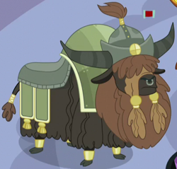 Size: 401x383 | Tagged: safe, screencap, species:yak, episode:party pooped, g4, my little pony: friendship is magic, background yak, cloven hooves, cropped, hair over eyes, nose piercing, nose ring, piercing, solo