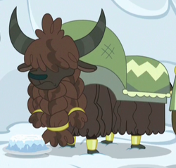 Size: 361x345 | Tagged: safe, screencap, species:yak, episode:not asking for trouble, g4, my little pony: friendship is magic, background yak, braided beard, cloven hooves, cropped, frown, hair over eyes, snow cake, solo