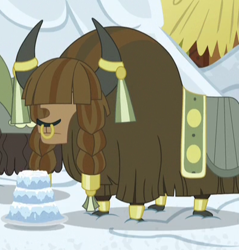 Size: 397x416 | Tagged: safe, screencap, species:yak, episode:not asking for trouble, g4, my little pony: friendship is magic, background yak, braid, cloven hooves, cropped, hair over eyes, horn ring, nose piercing, nose ring, piercing, snow, snow cake, solo focus