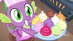 Size: 1920x1080 | Tagged: safe, screencap, character:spike, species:dragon, episode:father knows beast, g4, my little pony: friendship is magic, apron, baby, baby dragon, baking, chef's hat, clothing, cupcake, cute, discovery family, discovery family logo, folded wings, food, green eyes, grin, gullible, hat, kitchen, logo, male, naked apron, oven, platter, smiling, solo, spikabetes, teeth, twilight's castle, watermark, winged spike, wings