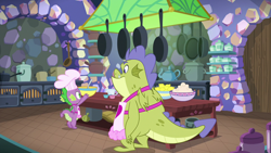 Size: 1280x720 | Tagged: safe, screencap, character:sludge, character:spike, species:dragon, episode:father knows beast, g4, my little pony: friendship is magic, apron, clothing, cooking, duo, food, frying pan, kitchen, lemon, male, naked apron, toque, twilight's castle, winged spike