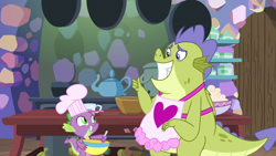 Size: 1280x720 | Tagged: safe, screencap, character:sludge, character:spike, species:dragon, episode:father knows beast, g4, my little pony: friendship is magic, apron, bowl, clothing, duo, kitchen, male, naked apron, smiling, thumbs up, toque