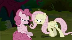 Size: 1249x702 | Tagged: safe, screencap, character:fluttershy, character:mean fluttershy, character:mean pinkie pie, species:earth pony, species:pegasus, species:pony, episode:the mean 6, g4, my little pony: friendship is magic, angry, bully, bullying, clone, duo, evil laugh, female, flutterbitch, laughing, mare, narrowed eyes, sitting, unamused