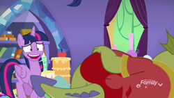 Size: 1920x1080 | Tagged: safe, screencap, character:sludge, character:twilight sparkle, character:twilight sparkle (alicorn), species:alicorn, species:dragon, species:pony, episode:father knows beast, g4, my little pony: friendship is magic, awkward smile, female, mare, solo focus, you know for kids