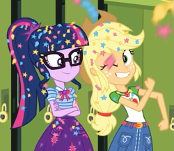 Size: 677x586 | Tagged: safe, screencap, character:applejack, character:twilight sparkle, character:twilight sparkle (scitwi), species:eqg human, episode:best trends forever, g4, my little pony:equestria girls, applejack's hat, belt, best trends forever: pinkie pie, canterlot high, clothing, confetti, cowboy hat, cropped, crossed arms, denim skirt, female, fist pump, freckles, geode of super strength, geode of telekinesis, glasses, grin, hat, lockers, messy hair, one eye closed, ponytail, skirt, smiling, stetson, wink