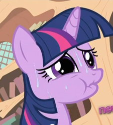 Size: 317x353 | Tagged: safe, screencap, character:twilight sparkle, character:twilight sparkle (unicorn), species:pony, species:unicorn, episode:it's about time, g4, my little pony: friendship is magic, cropped, explicit source, female, golden oaks library, mare, puffy cheeks, solo, sweat