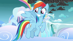 Size: 1920x1080 | Tagged: safe, screencap, character:rainbow dash, species:pegasus, species:pony, episode:school raze, g4, my little pony: friendship is magic, adorkable, cloud, cloudsdale, cute, dashabetes, dork, female, flying, grin, mare, rainbow, scattered thunderstorms, smiling, solo, stormcloud, weather factory