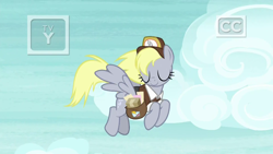 Size: 1920x1080 | Tagged: safe, screencap, character:derpy hooves, species:pegasus, species:pony, episode:school raze, g4, my little pony: friendship is magic, clothing, eyes closed, female, flying, hat, mailbag, mailmare, mailmare hat, mare, solo, uniform