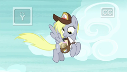 Size: 1920x1080 | Tagged: safe, screencap, character:derpy hooves, species:pegasus, species:pony, episode:school raze, g4, my little pony: friendship is magic, clothing, female, flying, hat, mailbag, mailmare, mailmare hat, mare, solo, uniform